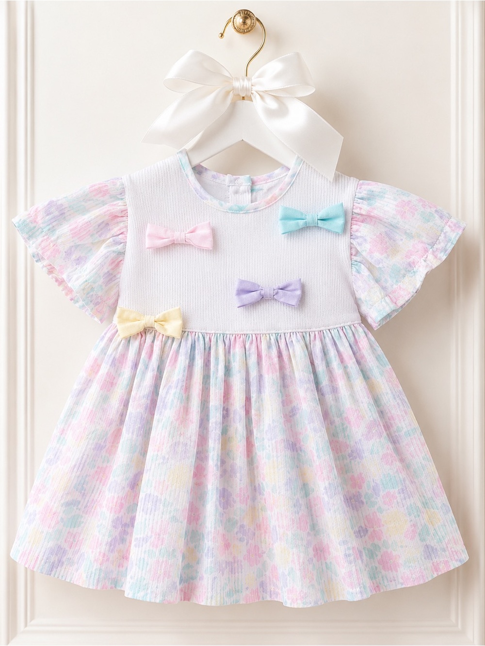 Vintage Pastel Floral
Colorblock Dress Ruffle Bow Appliqué VTG HTF RARE Girl 3T